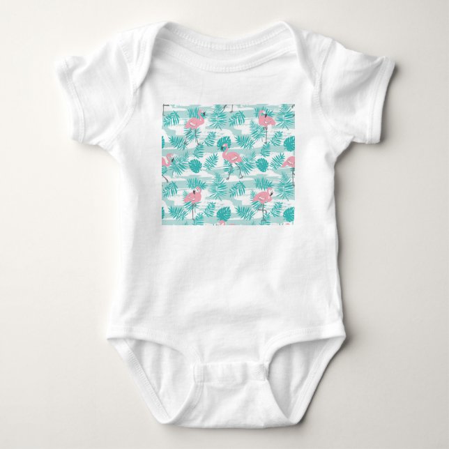 Rosa flamingos, grönt handflatan löv, tropiska. t shirt (Framsida)