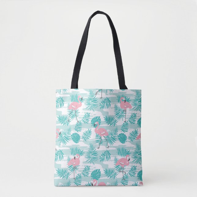 Rosa flamingos, grönt handflatan löv, tropiska. tygkasse (Framsida)