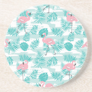 Rosa flamingos, grönt handflatan löv, tropiska. underlägg