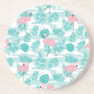 Rosa flamingos, grönt handflatan löv, tropiska. underlägg