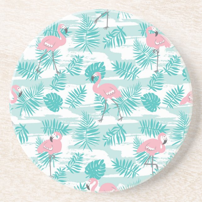 Rosa flamingos, grönt handflatan löv, tropiska. underlägg (Framsidan)