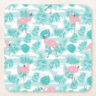 Rosa flamingos, grönt handflatan löv, tropiska. underlägg papper kvadrat