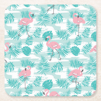 Rosa flamingos, grönt handflatan löv, tropiska. underlägg papper kvadrat