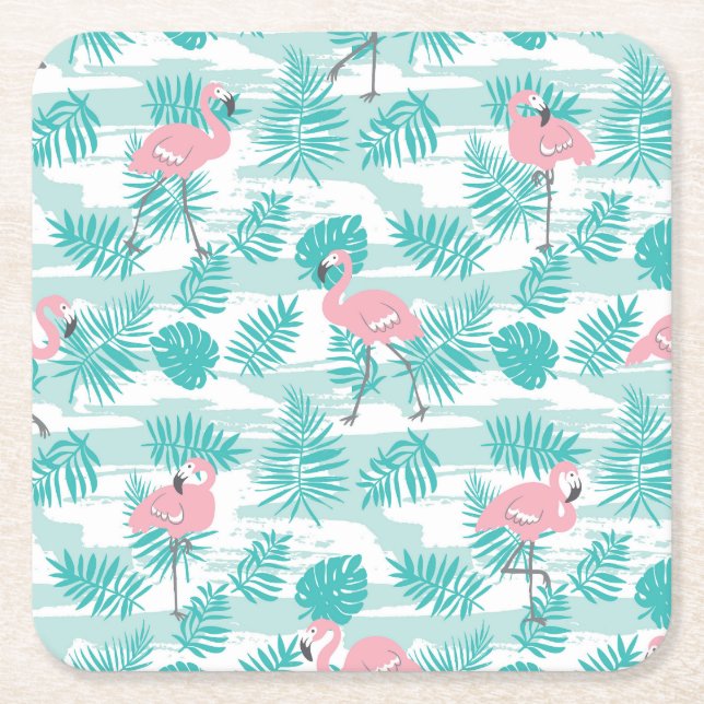 Rosa flamingos, grönt handflatan löv, tropiska. underlägg papper kvadrat (Framsidan)