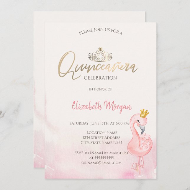 Rosa Flamingos Guld Tiara Quinceañera Inbjudningar (Fram/baksida)