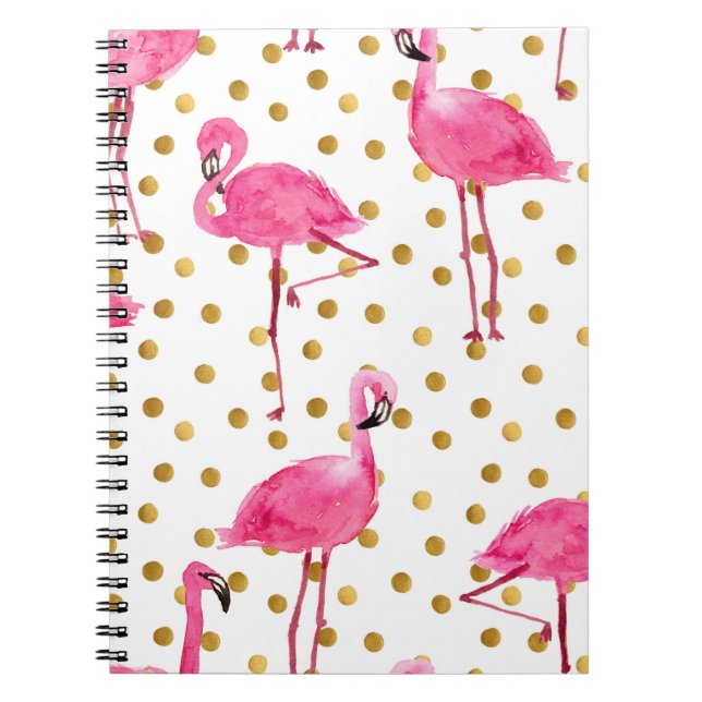 Rosa flamingos, gyllene prickar, vattenfärg. anteckningsbok (Framsidan)