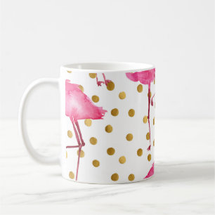 Rosa flamingos, gyllene prickar, vattenfärg. kaffemugg