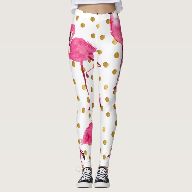 Rosa flamingos, gyllene prickar, vattenfärg. leggings (Framsida)