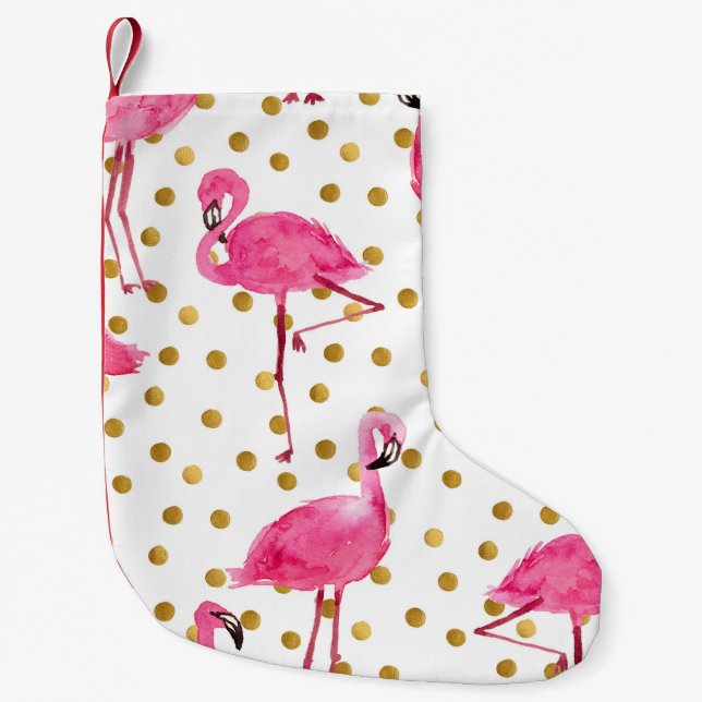 Rosa flamingos, gyllene prickar, vattenfärg. liten julstrumpa (Framsidan)