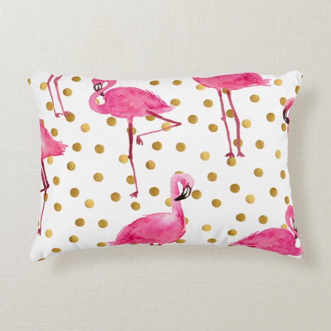 Rosa flamingos, gyllene prickar, vattenfärg. prydnadskudde (Framsidan)