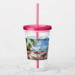 Rosa Flamingos Handflatan Träd Ocean Beach Take Away Mugg