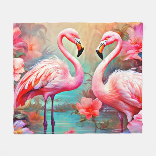 Rosa Flamingos i A Sjö med Flowers-20231 Fleecefilt (Framsidan (Horisontell))