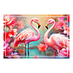 Rosa Flamingos i A Sjö med Flowers-20231 Fototryck