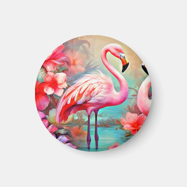 Rosa Flamingos i A Sjö med Flowers-20231 Magnet (Framsidan)