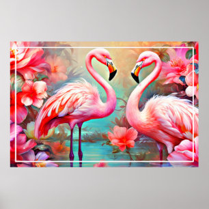 Rosa Flamingos i A Sjö med Flowers-20231 Poster