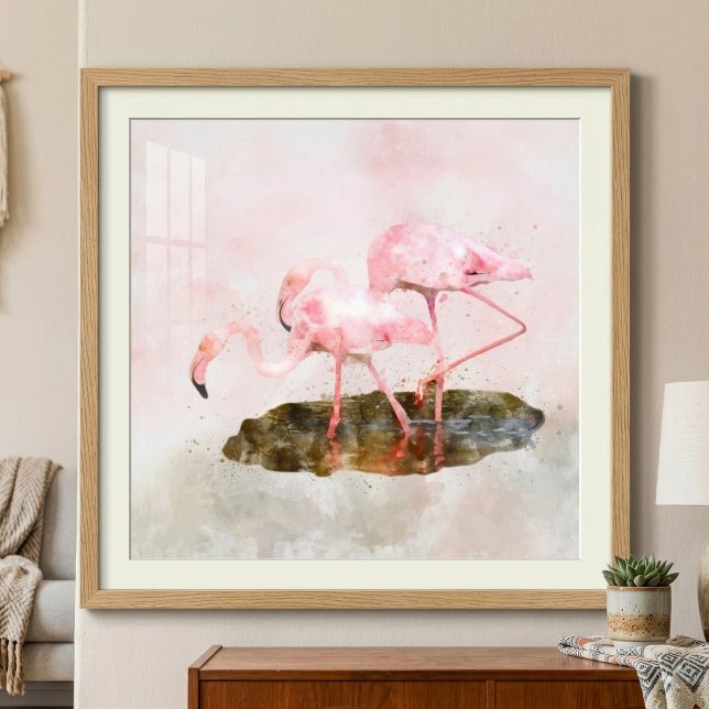 Rosa Flamingos Kamratskap i Akvarellkonst Fototryck (Pink Flamingos Companionship in Watercolor Art. Photo Print)