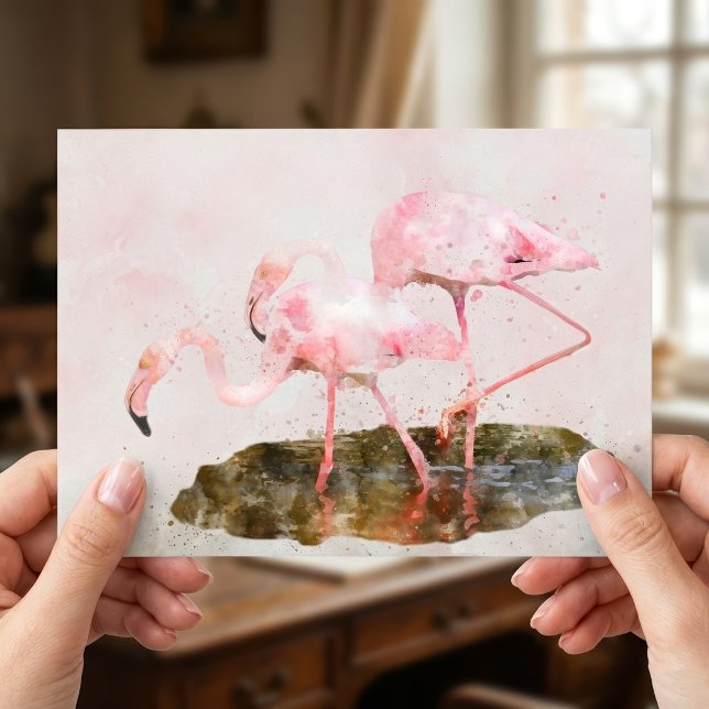 Rosa Flamingos Kamratskap i Akvarellkonst Vykort (Pink Flamingos Companionship in Watercolor Art. Postcard)
