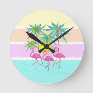 Rosa Flamingos med Handflatan Träd, Coola Round Cl Rund Klocka