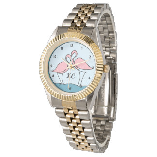 Rosa Flamingos Monogram Unisex Two-Tone Bracelet Armbandsur