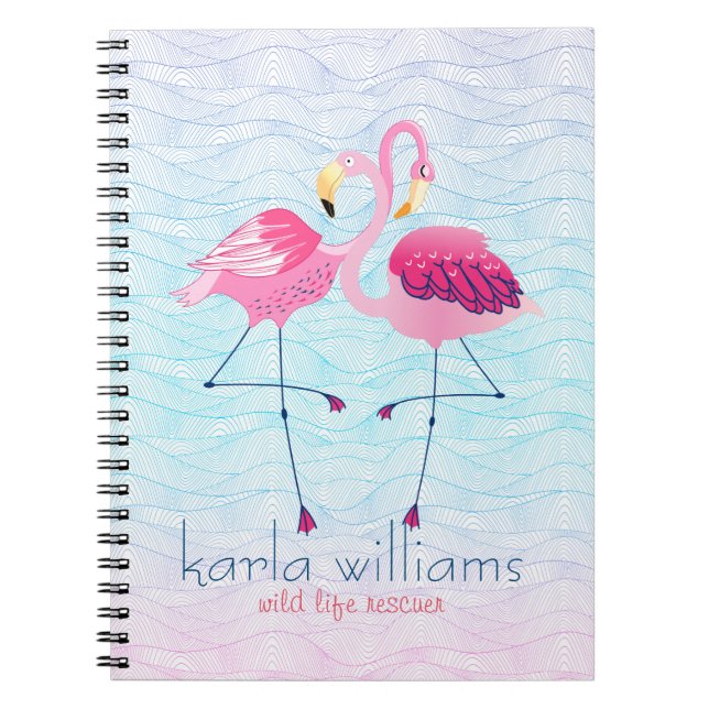 Rosa Flamingos och Abstrakt Beach Vatten Vågar Anteckningsbok Med Spiral (Framsidan)