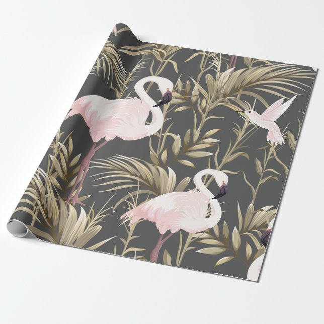 Rosa flamingos och guldfabriker, sömlösa mönster presentpapper (Utrullad)