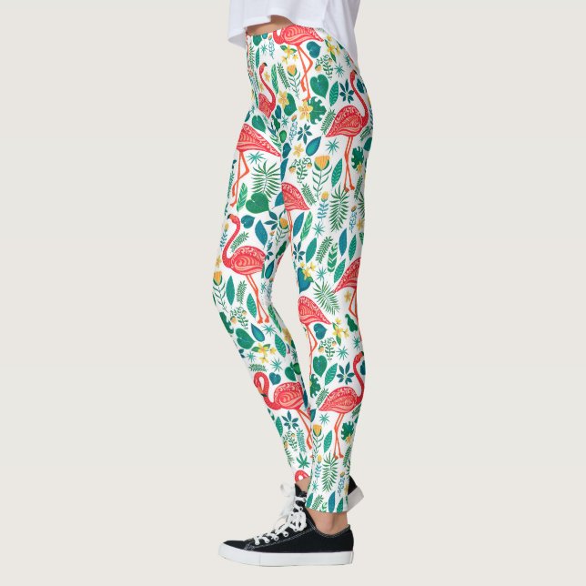 Rosa flamingos och tropiska blommor Mönster Leggings (Vänster)