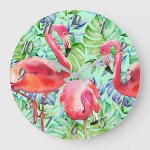 Rosa Flamingos och tropiska löv tar tid på Stor Klocka