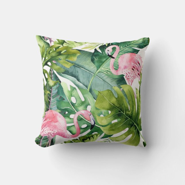 Rosa flamingos och tropiska palmlöv kudde (Framsida)