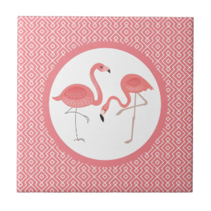 Rosa Flamingos on White & Rosa Geometric Mönster Kakelplatta