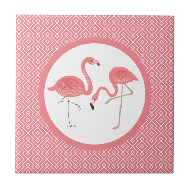 Rosa Flamingos on White & Rosa Geometric Mönster Kakelplatta (Framsidan)