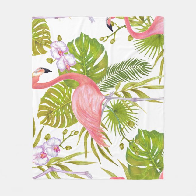 Rosa flamingos, orkidéer: vattenfärgen mönster. fleecefilt (Framsidan)