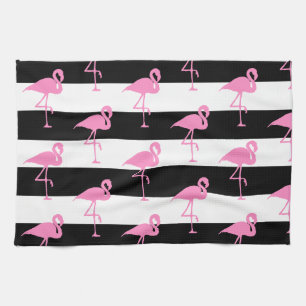 Rosa Flamingos på Black and White Rand Kökshandduk