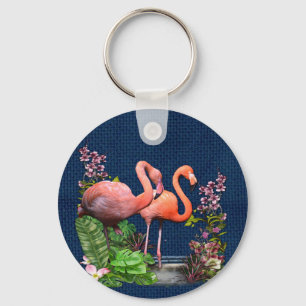 Rosa Flamingos på Classic Blue Fabric Nyckelring