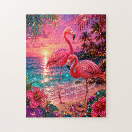Rosa flamingos på en glamourös, tropisk strand med pussel