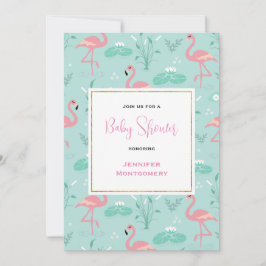 Rosa flamingos på grön mönster baby shower inbjudningar