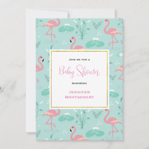 Rosa flamingos på grön mönster baby shower inbjudningar