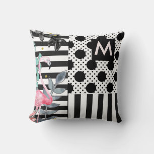 Rosa Flamingos Polka dots Black & White Roligt Kudde