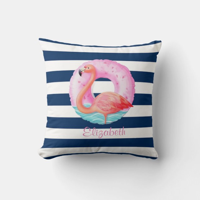 Rosa flamingos pool float med randigt mönster i ma kudde (Framsida)