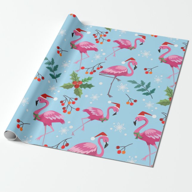 Rosa Flamingos Red Holly Berries Gift Presentpapper (Utrullad)
