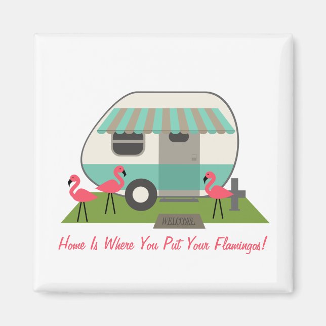 Rosa Flamingos & Retro Camper Magnet (Framsidan)