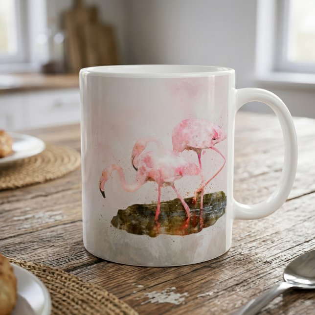 Rosa Flamingos Sällskap i Akvarellkonst Kaffemugg (Pink Flamingos Companionship in Watercolor Art. Coffee Mug)