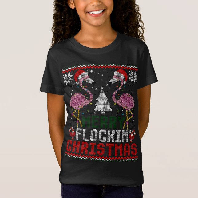 Rosa Flamingos Santa Merry Flockin jul Ugly T Shirt (Framsida)