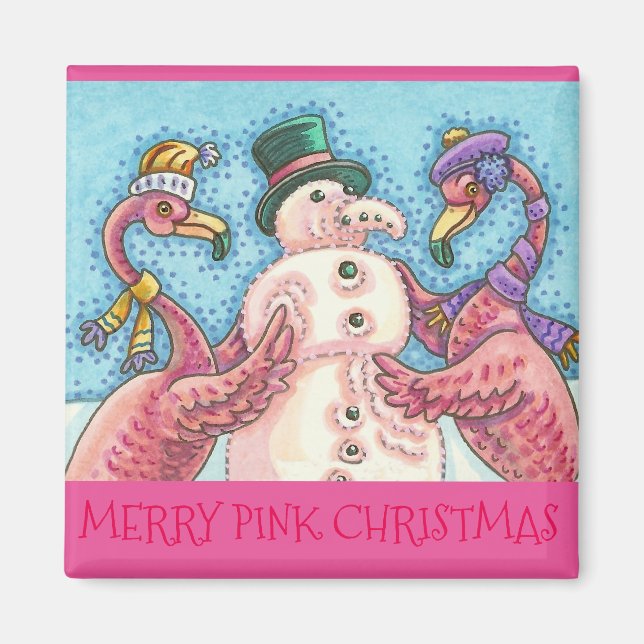 Rosa Flamingos Snögubbe CHRISTMAS MAGNET (Framsidan)