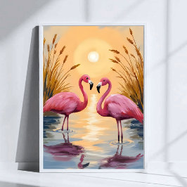 Rosa flamingos solnedgång djurmålning poster