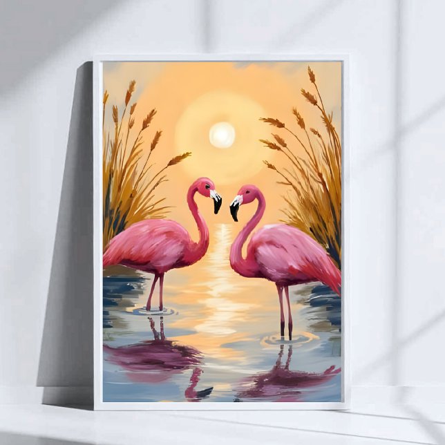 Rosa flamingos solnedgång djurmålning poster (Skapare uppladdad)