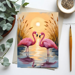 Rosa flamingos solnedgång Djurmålning Vykort