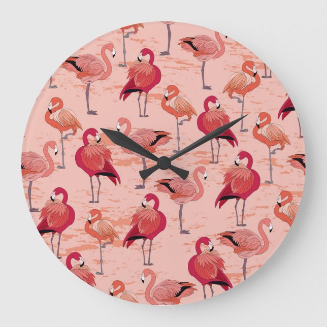 Rosa Flamingos: Sömlösa Tropiska Mönster Stor Klocka (Framsida)
