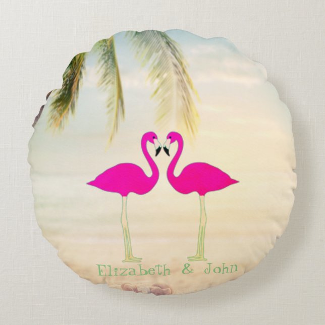 Rosa flamingos, strand, palm, personlig rund kudde (Framsidan)