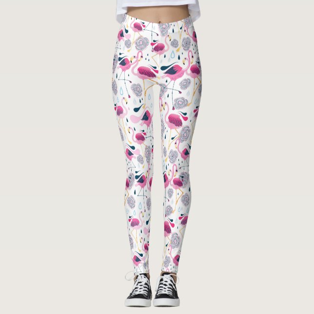 Rosa Flamingos Stylized Tropical Flowers Mönster Leggings (Framsida)