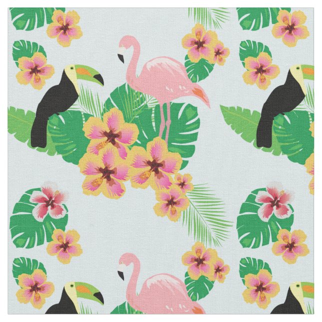 Rosa Flamingos, Toucans, tropiskt blommatyg Tyg (Närbild)